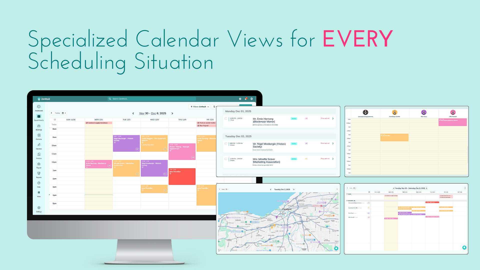 ZenMaid scheduling calendar with drag-and-drop interface for managing recurring cleaning appointments