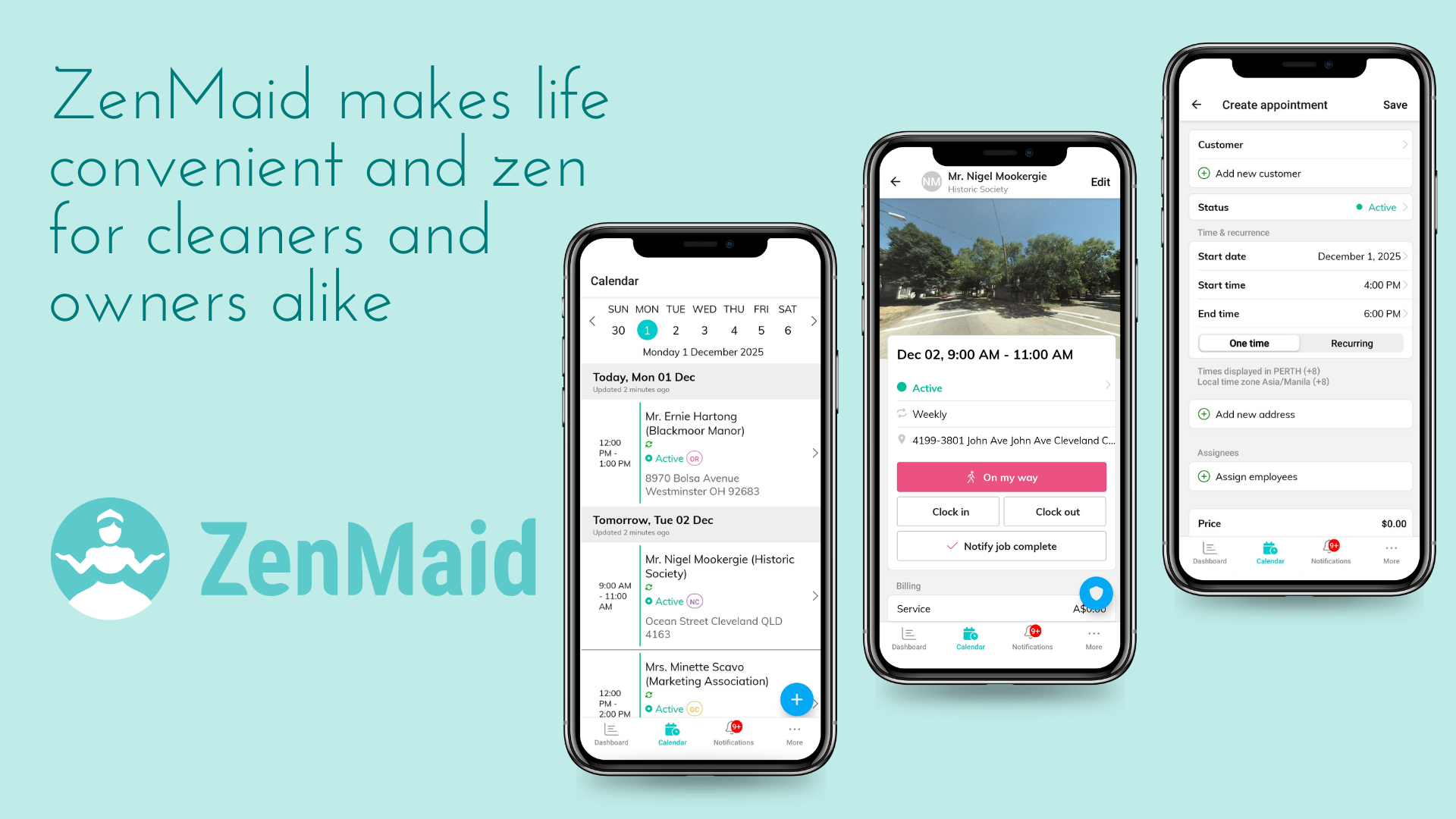 ZenMaid team management view showing cleaner availability and scheduling